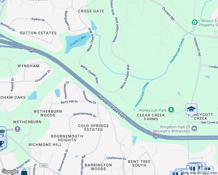 map of restaurants, bars, coffee shops, grocery stores, and more near 4209 White Chapel Way in Raleigh
