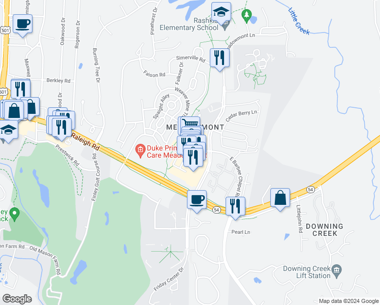 map of restaurants, bars, coffee shops, grocery stores, and more near 510 Meadowmont Village Circle in Chapel Hill