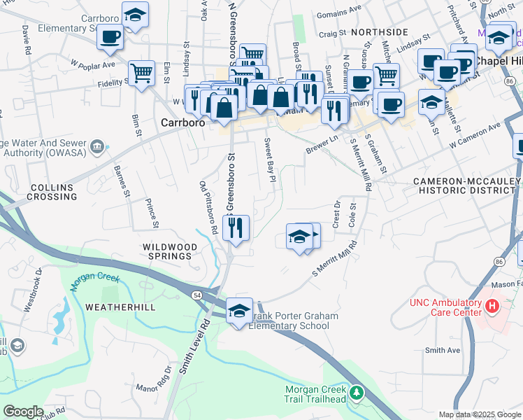 map of restaurants, bars, coffee shops, grocery stores, and more near 114 Purple Leaf Place in Carrboro