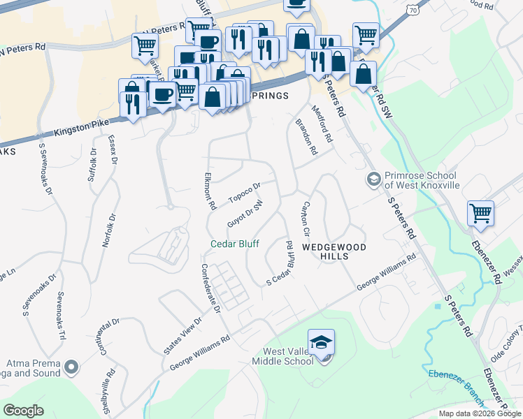 map of restaurants, bars, coffee shops, grocery stores, and more near 609 Clingman Drive in Knoxville