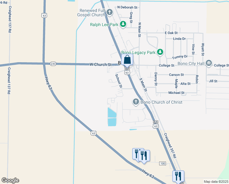 map of restaurants, bars, coffee shops, grocery stores, and more near 215 School Street in Bono