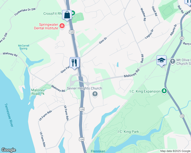 map of restaurants, bars, coffee shops, grocery stores, and more near 3125 Maloney Road in Knoxville