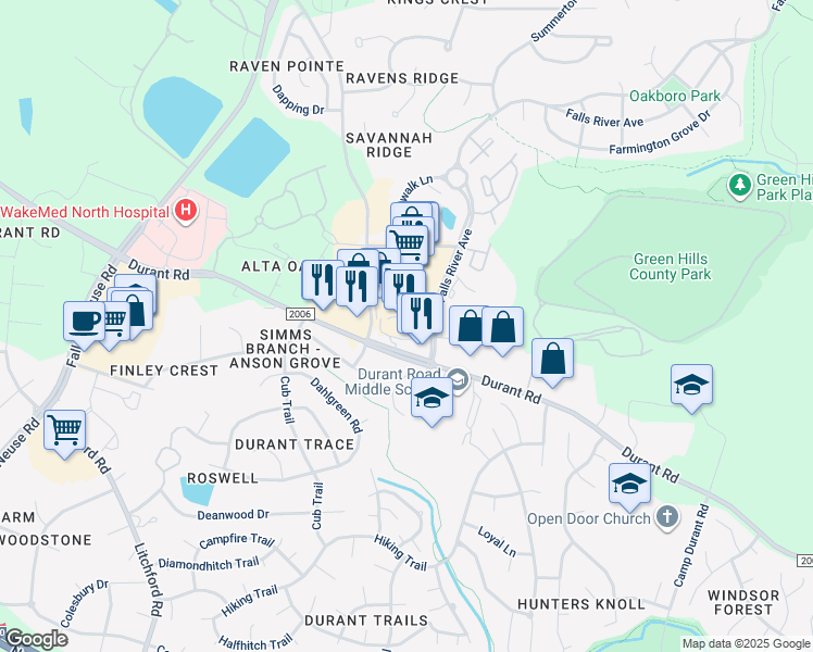 map of restaurants, bars, coffee shops, grocery stores, and more near 1121 Falls River Avenue in Raleigh