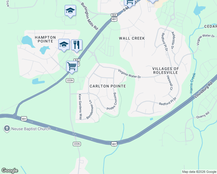 map of restaurants, bars, coffee shops, grocery stores, and more near 745 Strathwood Way in Rolesville