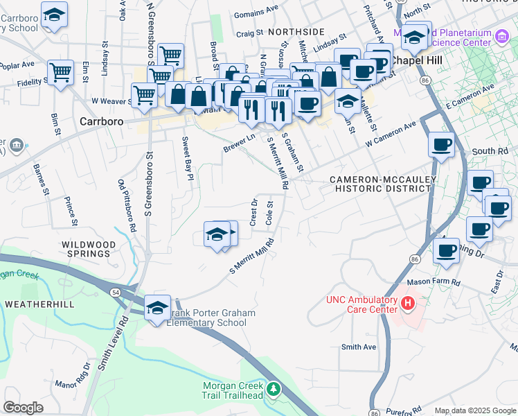 map of restaurants, bars, coffee shops, grocery stores, and more near 303 Crest Drive in Chapel Hill