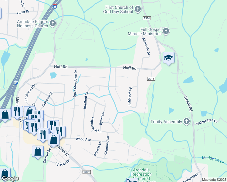 map of restaurants, bars, coffee shops, grocery stores, and more near 1204 Dogwood Lane in Archdale