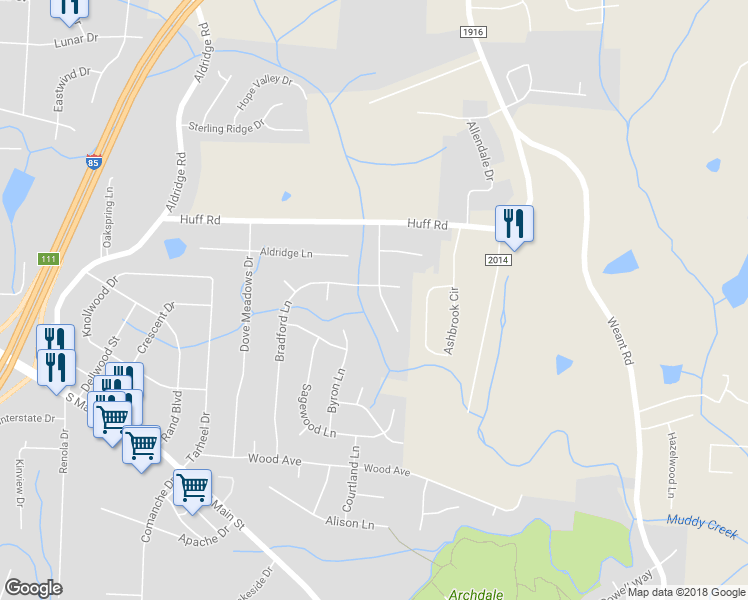 map of restaurants, bars, coffee shops, grocery stores, and more near 1204 Dogwood Lane in Archdale