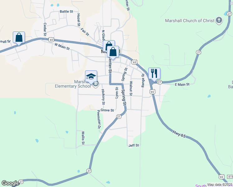 map of restaurants, bars, coffee shops, grocery stores, and more near 202 Lynn Street in Marshall