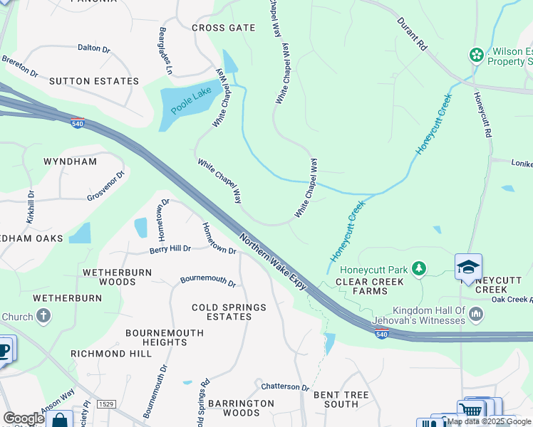 map of restaurants, bars, coffee shops, grocery stores, and more near 4209 White Chapel Way in Raleigh