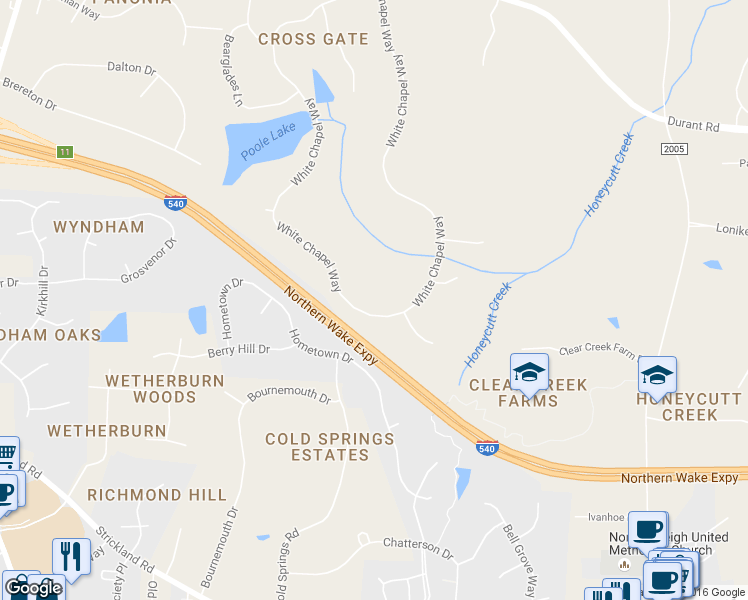 map of restaurants, bars, coffee shops, grocery stores, and more near 4209 White Chapel Way in Raleigh