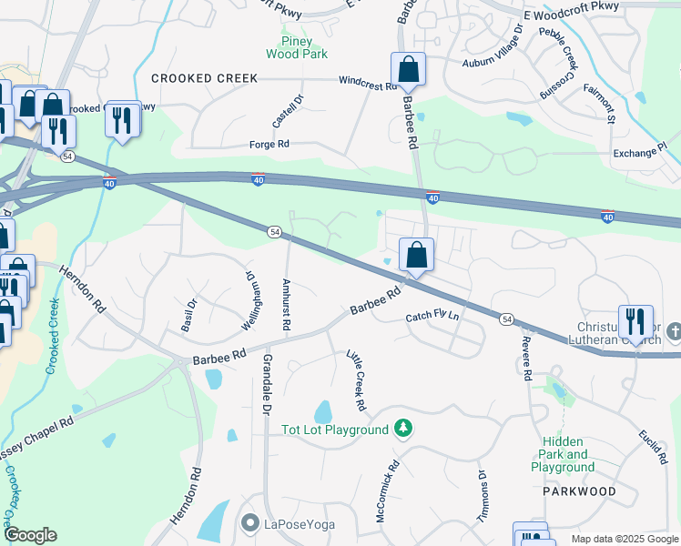 map of restaurants, bars, coffee shops, grocery stores, and more near 1002 North Carolina 54 in Durham