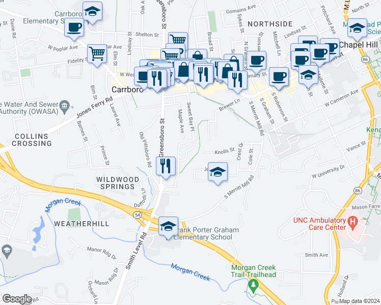 map of restaurants, bars, coffee shops, grocery stores, and more near 315 Sweet Bay Place in Carrboro