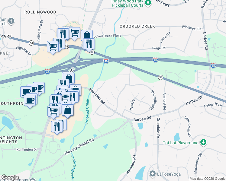 map of restaurants, bars, coffee shops, grocery stores, and more near 6510 Draebury Lane in Durham