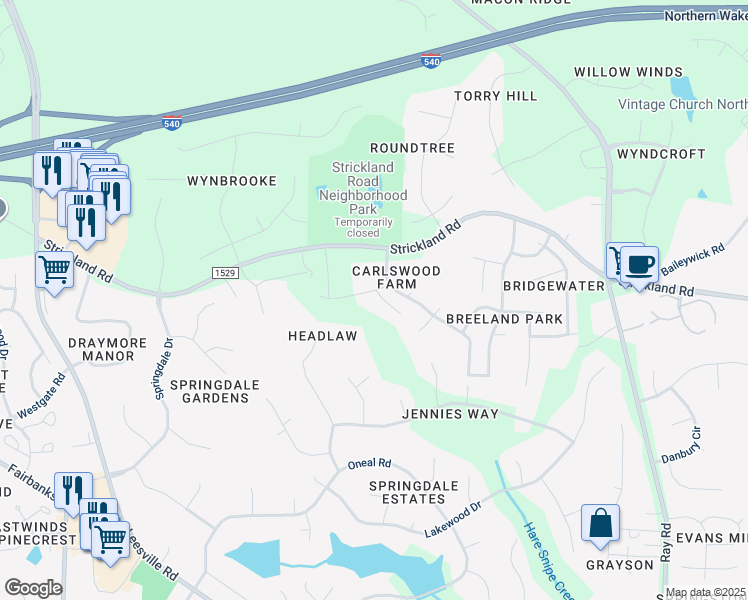 map of restaurants, bars, coffee shops, grocery stores, and more near Woodford Way in Raleigh