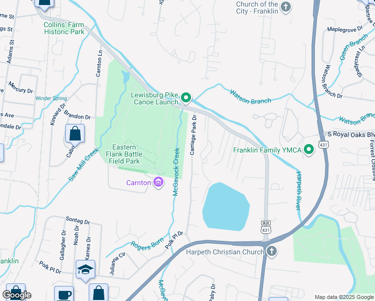 map of restaurants, bars, coffee shops, grocery stores, and more near 1203 Carriage Park Drive in Franklin