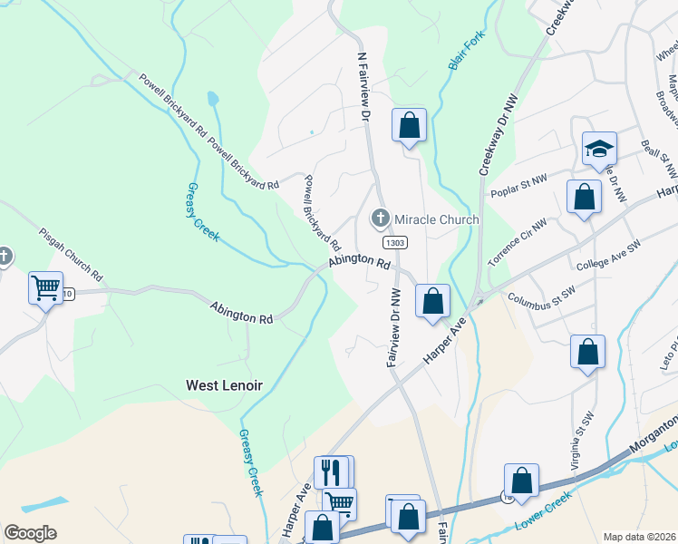 map of restaurants, bars, coffee shops, grocery stores, and more near 336 Abington Road in Lenoir