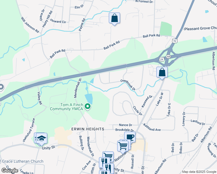 map of restaurants, bars, coffee shops, grocery stores, and more near 714 Overbrook Drive in Thomasville