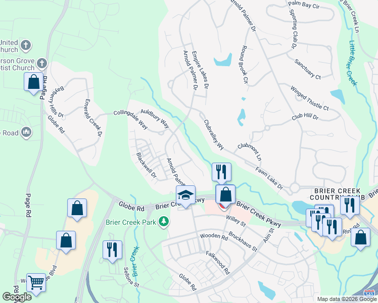 map of restaurants, bars, coffee shops, grocery stores, and more near 11641 Broadfield Court in Raleigh