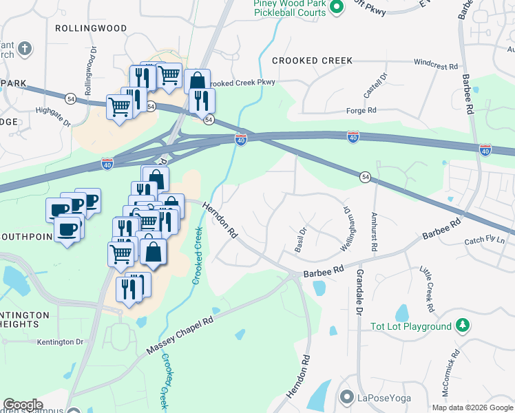 map of restaurants, bars, coffee shops, grocery stores, and more near 6510 Draebury Lane in Durham