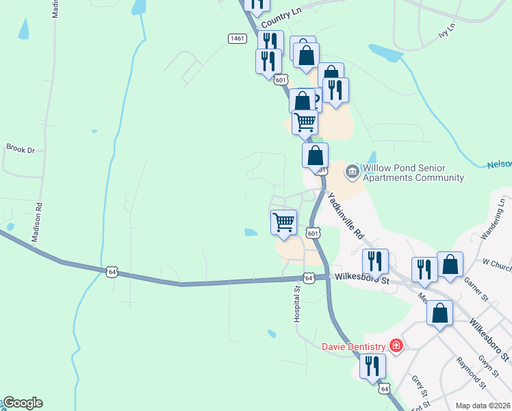 map of restaurants, bars, coffee shops, grocery stores, and more near 109 Willhaven Drive in Mocksville