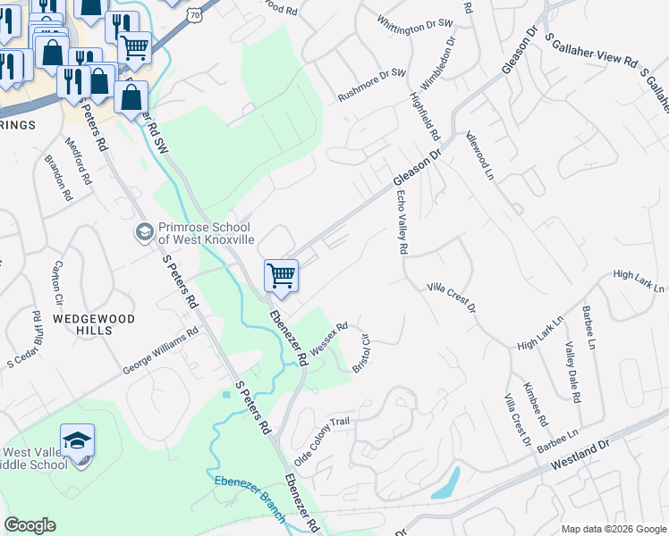 map of restaurants, bars, coffee shops, grocery stores, and more near 8760 Brucewood Lane in Knoxville