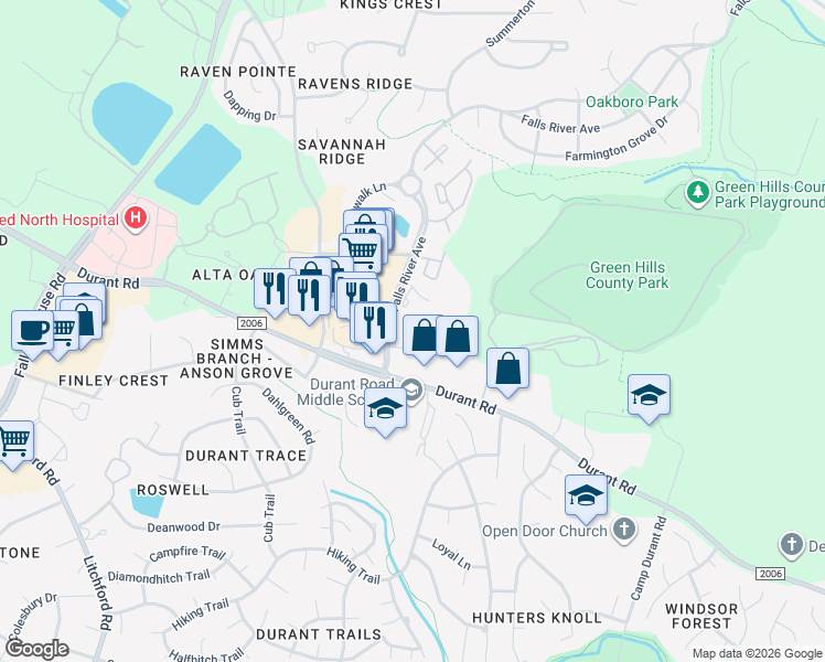 map of restaurants, bars, coffee shops, grocery stores, and more near 1110 Falls River Avenue in Raleigh