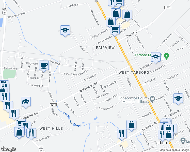 map of restaurants, bars, coffee shops, grocery stores, and more near 601 Chestnut Street in Tarboro