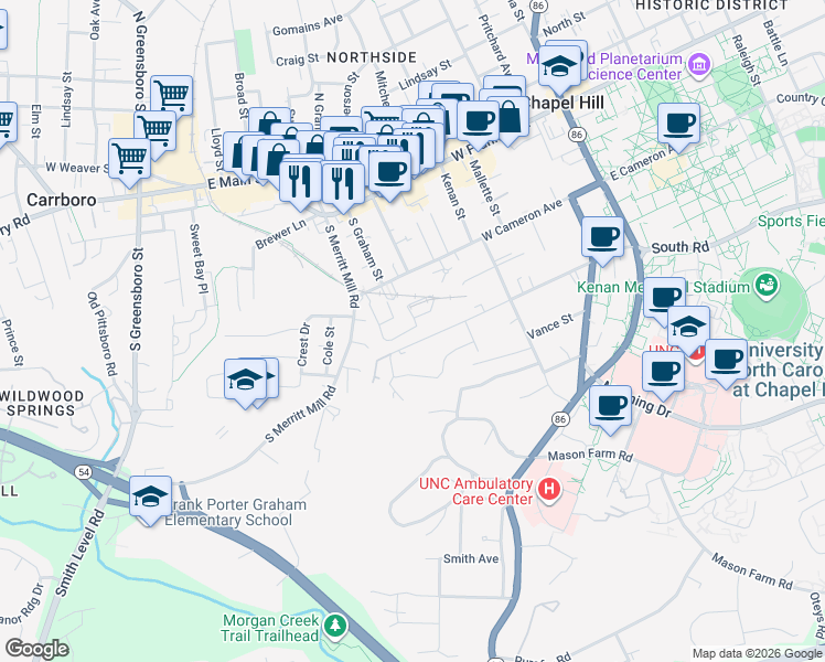map of restaurants, bars, coffee shops, grocery stores, and more near in Chapel Hill