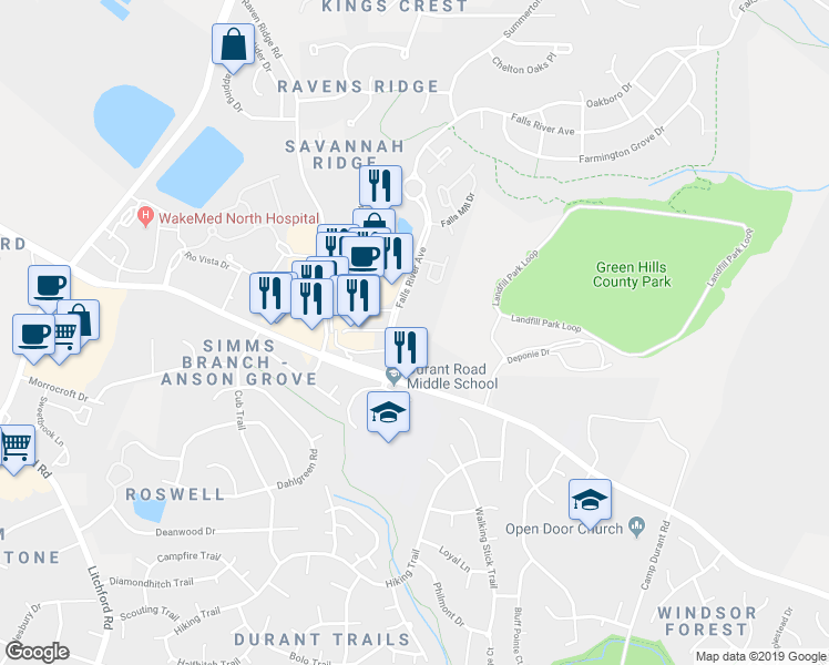 map of restaurants, bars, coffee shops, grocery stores, and more near in Raleigh