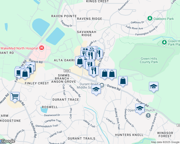 map of restaurants, bars, coffee shops, grocery stores, and more near 1121 Falls River Avenue in Raleigh