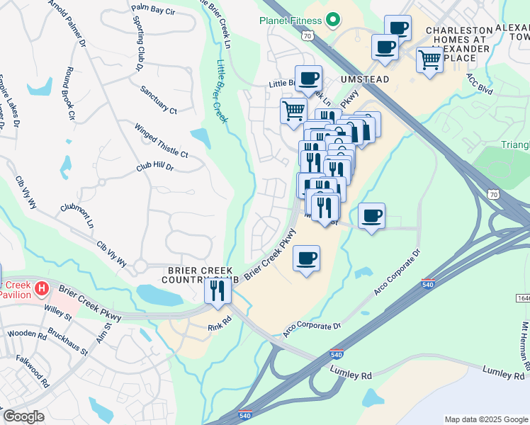 map of restaurants, bars, coffee shops, grocery stores, and more near 8510 Brittdale Lane in Raleigh