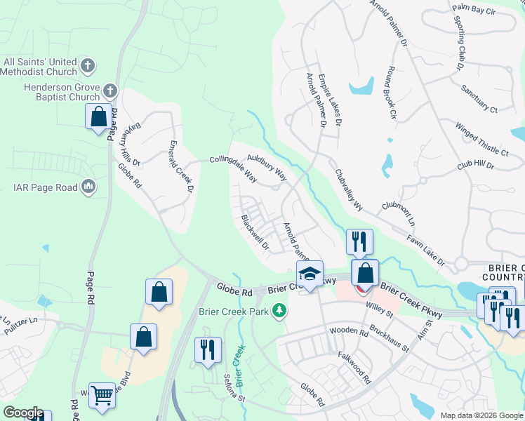 map of restaurants, bars, coffee shops, grocery stores, and more near 9801 Layla Avenue in Raleigh