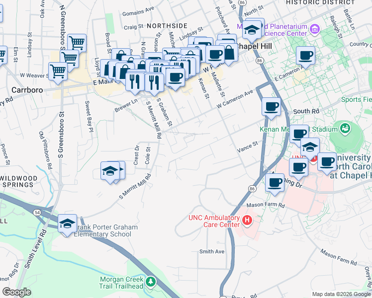 map of restaurants, bars, coffee shops, grocery stores, and more near in Chapel Hill