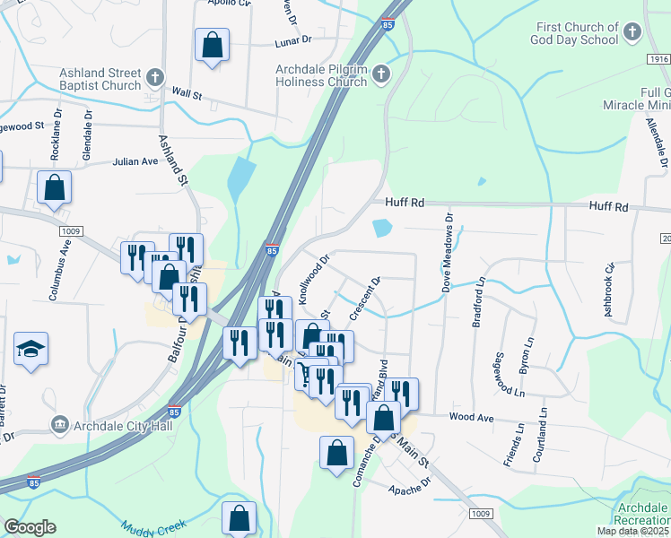 map of restaurants, bars, coffee shops, grocery stores, and more near 311 Rand Boulevard in Archdale