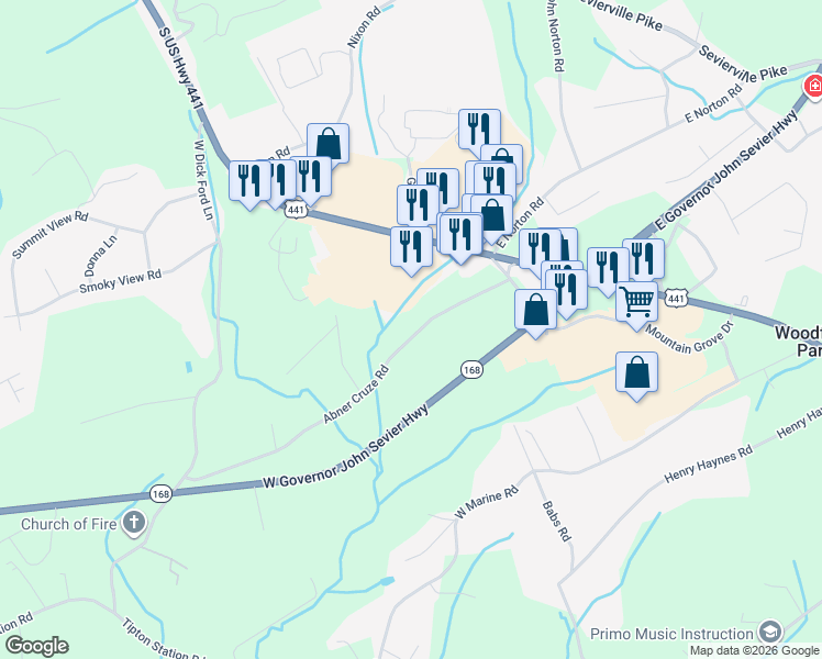 map of restaurants, bars, coffee shops, grocery stores, and more near 213 Abner Cruze Road in Knoxville