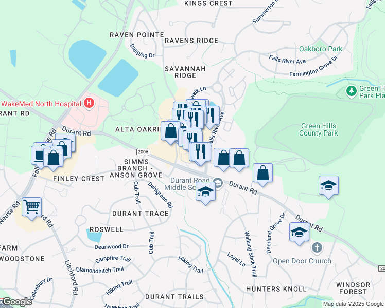 map of restaurants, bars, coffee shops, grocery stores, and more near 1121 Falls River Avenue in Raleigh