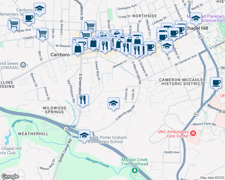 map of restaurants, bars, coffee shops, grocery stores, and more near 301 Knolls Street in Chapel Hill