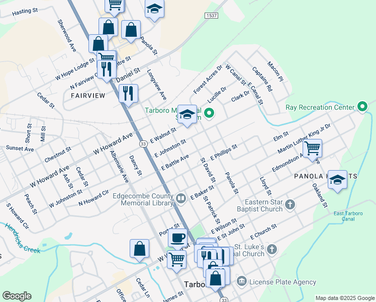 map of restaurants, bars, coffee shops, grocery stores, and more near 304 East Battle Avenue in Tarboro