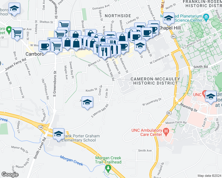map of restaurants, bars, coffee shops, grocery stores, and more near 504 South Merritt Mill Road in Chapel Hill