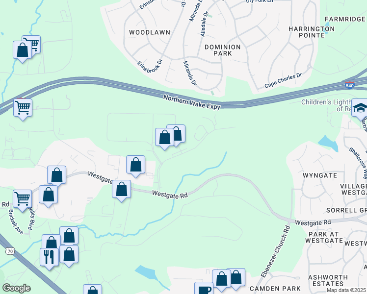 map of restaurants, bars, coffee shops, grocery stores, and more near 8831 Westgate Park Drive in Raleigh