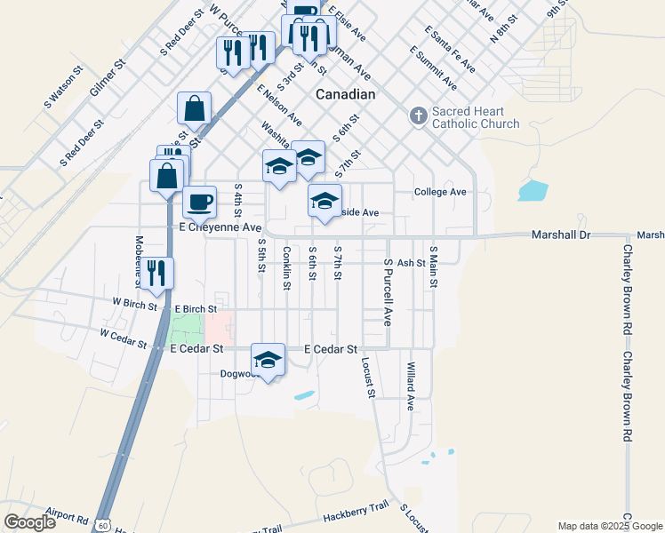 map of restaurants, bars, coffee shops, grocery stores, and more near 600 South 7th Street in Canadian