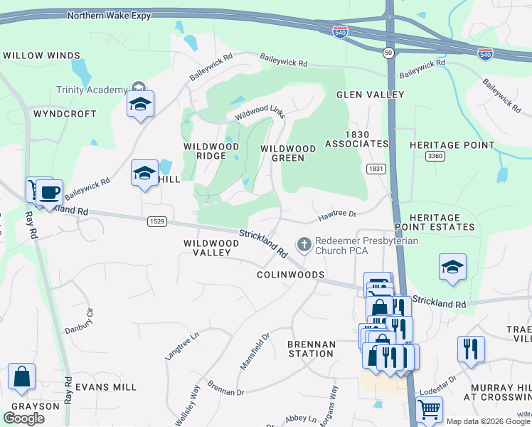map of restaurants, bars, coffee shops, grocery stores, and more near 2921 Hawtree Drive in Raleigh