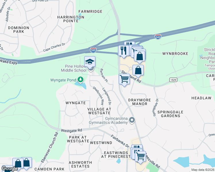 map of restaurants, bars, coffee shops, grocery stores, and more near 9301 Langwood Drive in Raleigh