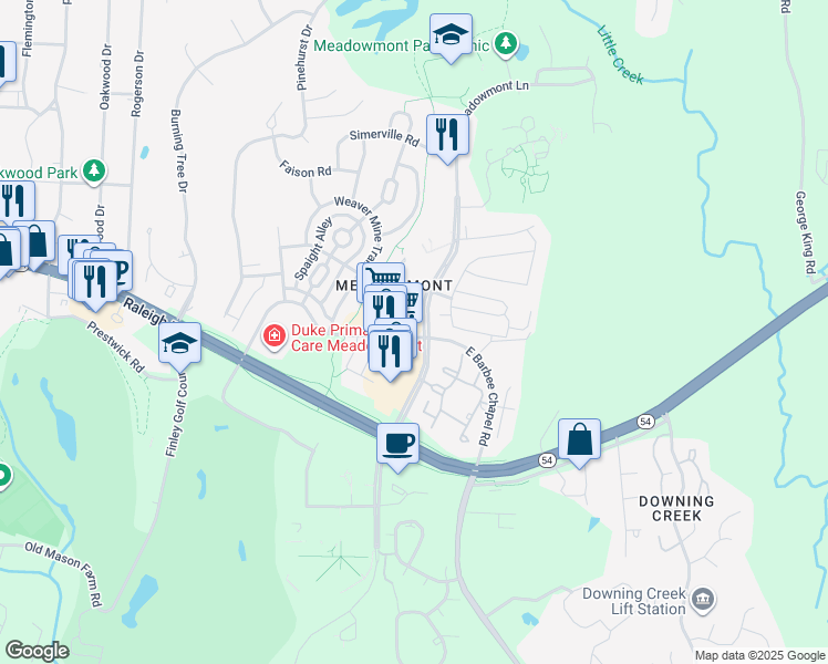 map of restaurants, bars, coffee shops, grocery stores, and more near 625 Meadowmont Village Circle in Chapel Hill