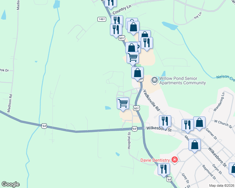 map of restaurants, bars, coffee shops, grocery stores, and more near 109 Willhaven Drive in Mocksville