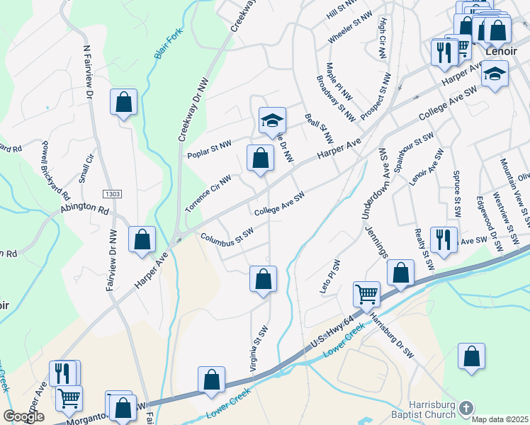 map of restaurants, bars, coffee shops, grocery stores, and more near 206 Virginia Street Northwest in Lenoir