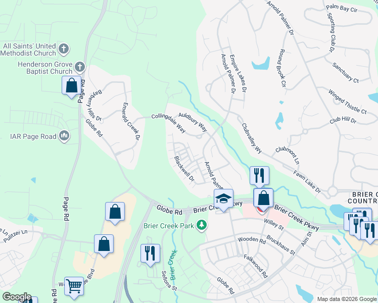 map of restaurants, bars, coffee shops, grocery stores, and more near 9801 Layla Avenue in Raleigh