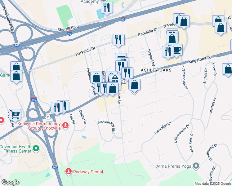 map of restaurants, bars, coffee shops, grocery stores, and more near 9700 Kingston Pike in Knoxville