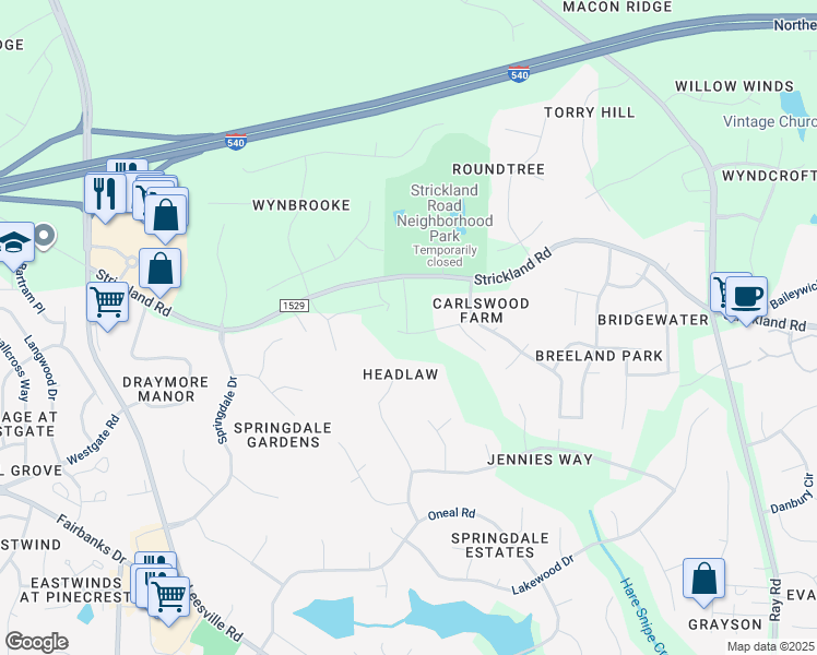 map of restaurants, bars, coffee shops, grocery stores, and more near 12813 Strickland Road in Raleigh