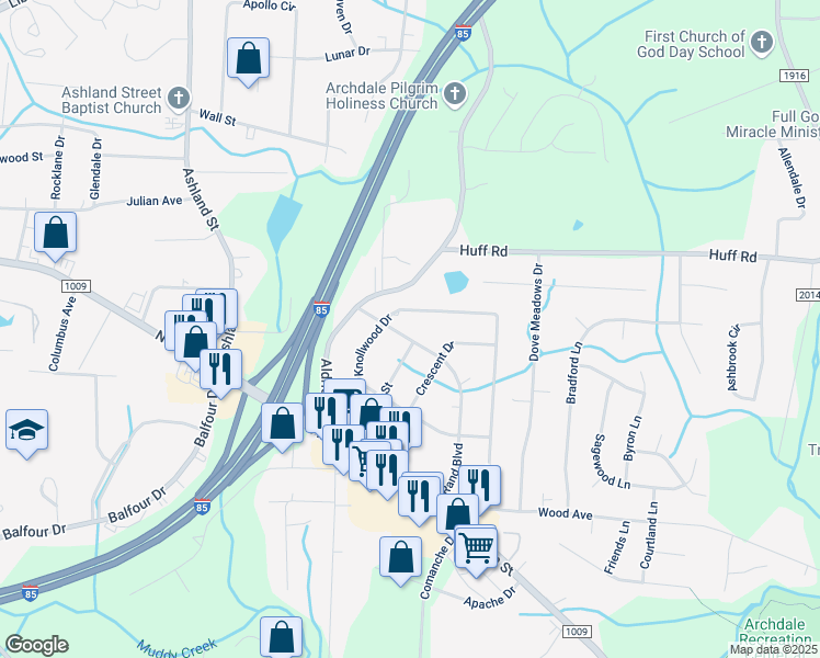 map of restaurants, bars, coffee shops, grocery stores, and more near 402 Rand Boulevard in Archdale